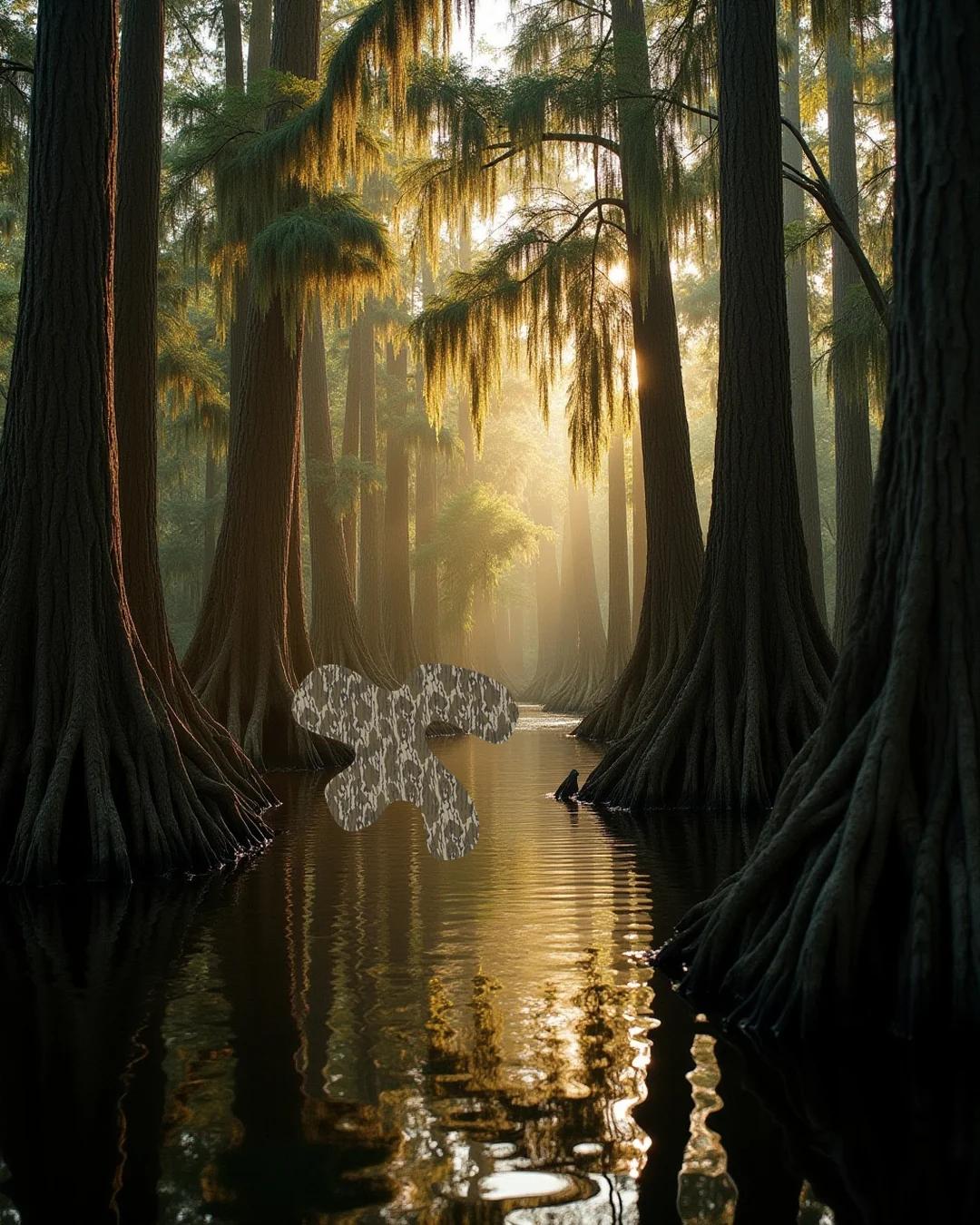 Live game trial: Mossy Oak Bottomland camouflage composited onto a cypress-bottomland scene by CGX's production renderer.